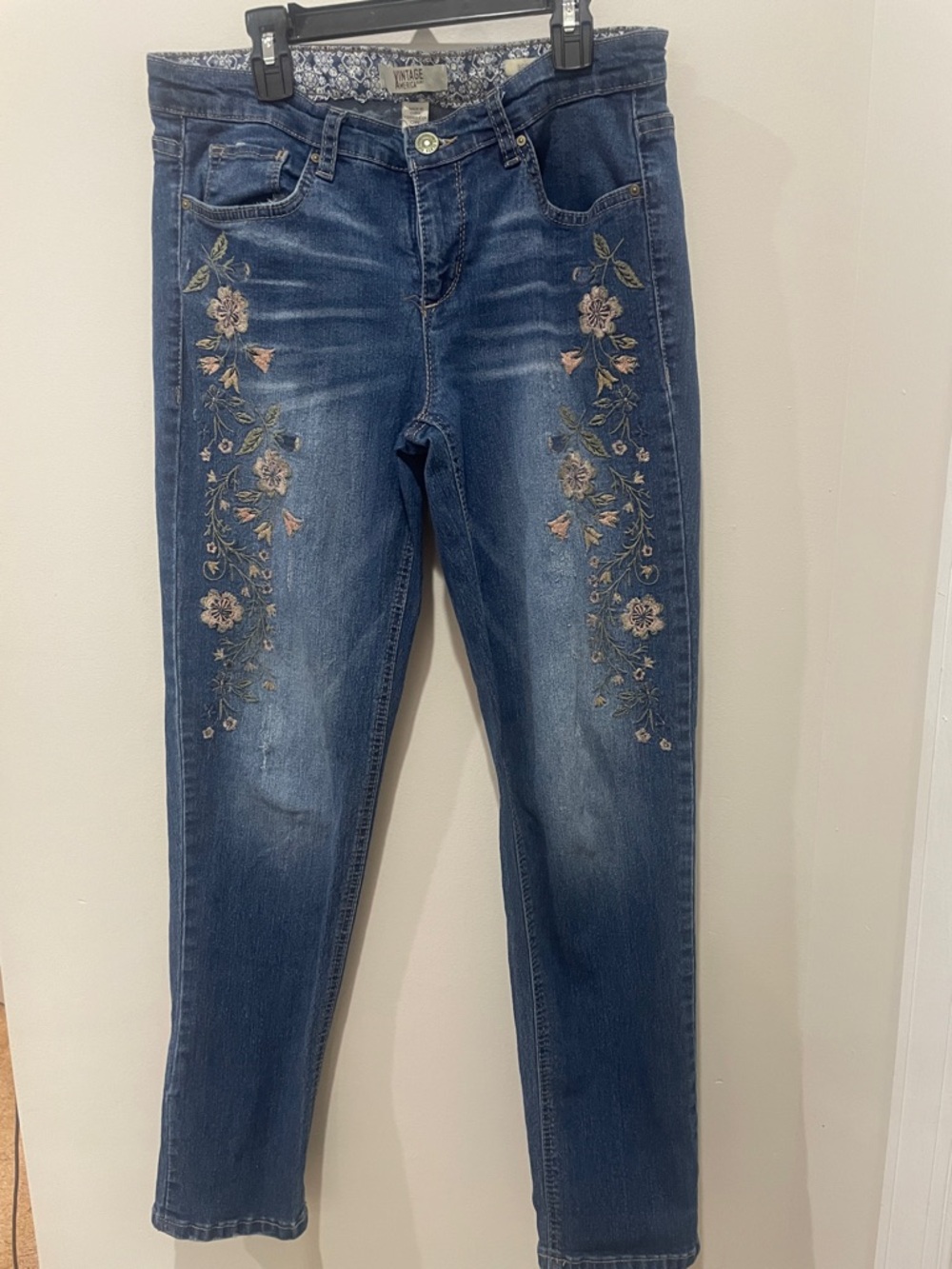 Vintage America Blue Skinny Jeans with Pink & Green Floral Embroidery